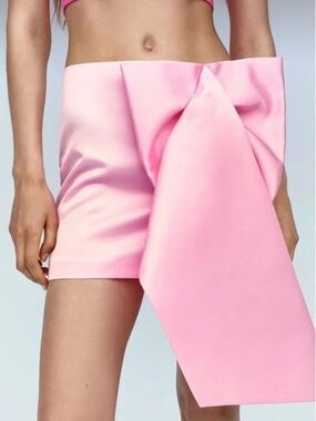 Zara Pink Satin Bow Draped Mini Skirt Statement NWT Size Medium